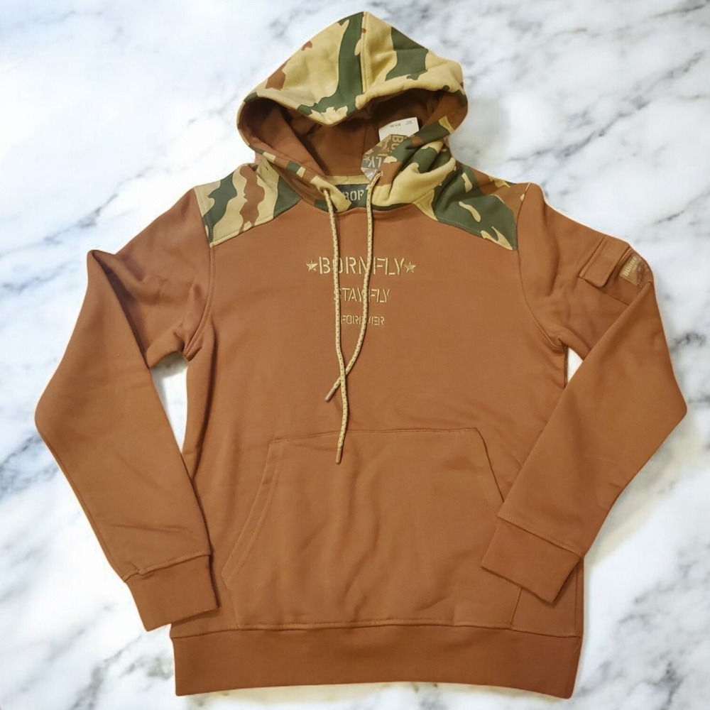 Born Fly Hoddie Men's Size Small Brown‎ Camo Pocket On Sleeve Streetwear NWT